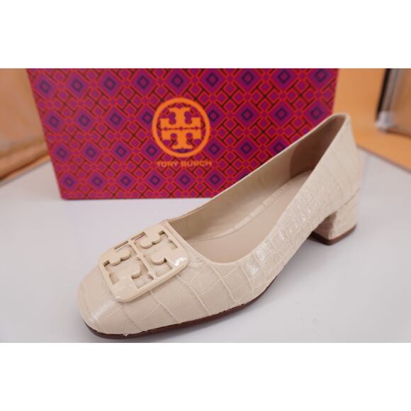 Tory Burch Georgia Square Toe Block Heel Pump SZ 5 New Cream Croc Leather Logo - Picture 1 of 11